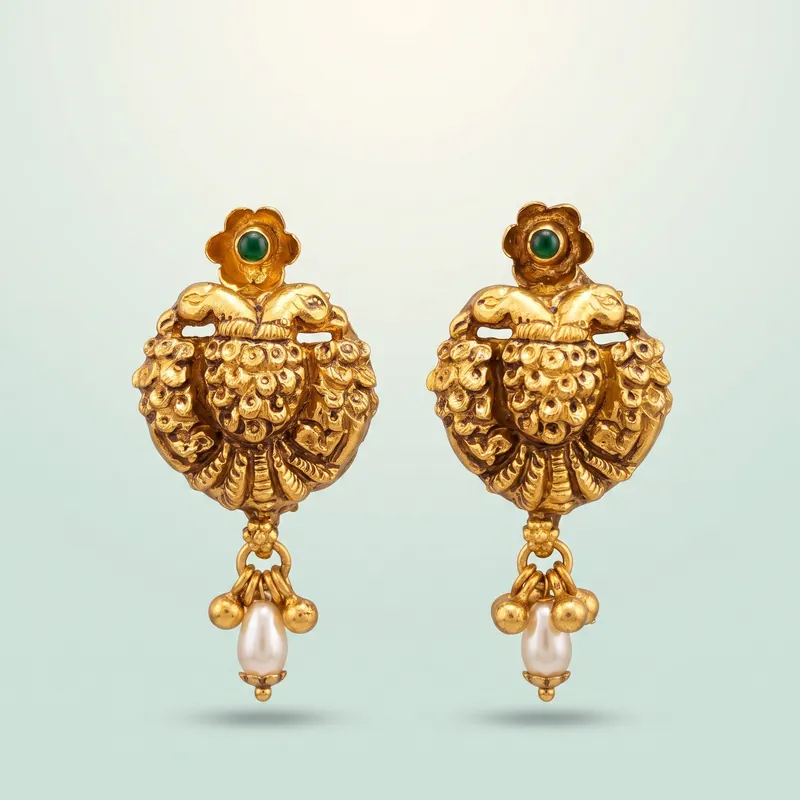 Antique gold lovebird teardrop stud, green cabochon + pearl drop  -  925 Sterling Silver on seaglass background