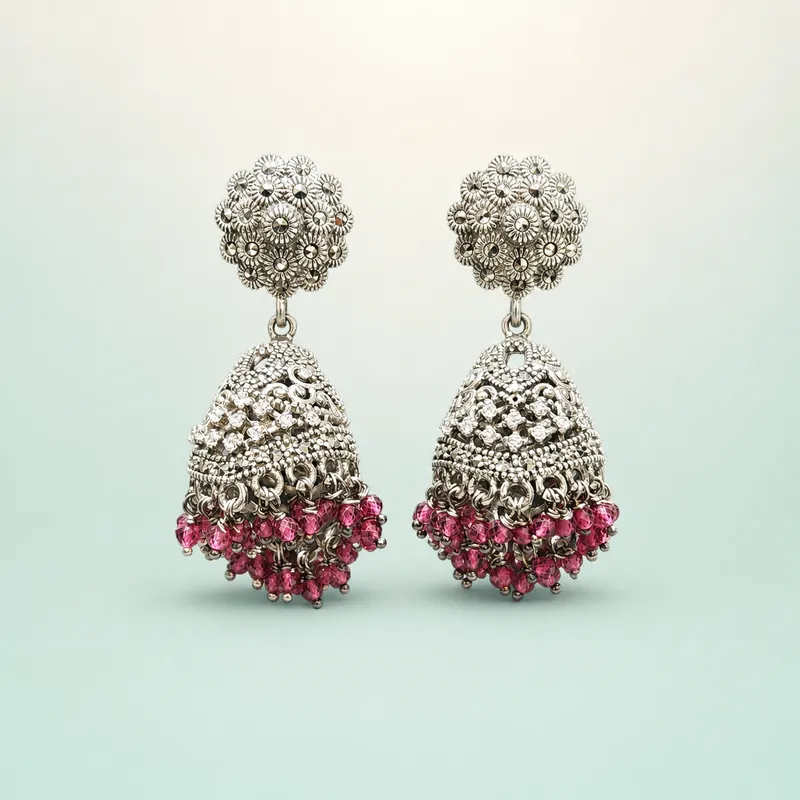 Oxidised silver marcasite floral jhumka, pink bead cluster fringe  -  925 Sterling Silver on seaglass background