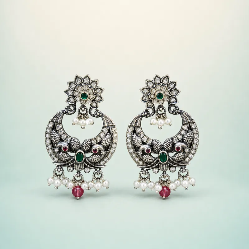 Oxidised silver two-tone lotus chandbali, green cabochon, pearl & red drops - front - 925 Sterling Silver
