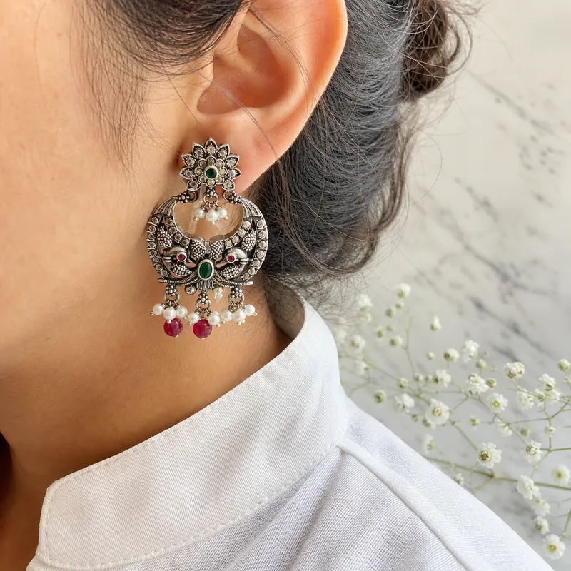Oxidised silver two-tone lotus chandbali, green cabochon, pearl & red drops - detail - 925 Sterling Silver
