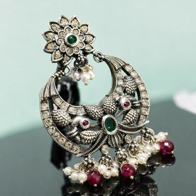 Oxidised silver two-tone lotus chandbali, green cabochon, pearl & red drops - view 4 - 925 Sterling Silver