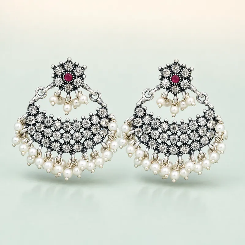 Oxidised silver CZ chandbali, pink kemp centre, pearl-cluster fringe  -  925 Sterling Silver on seaglass background