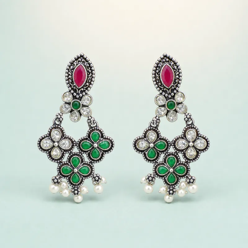 Oxidised dual-tone silver kundan chandbali, red marquise, pearl drops  -  925 Sterling Silver on seaglass background