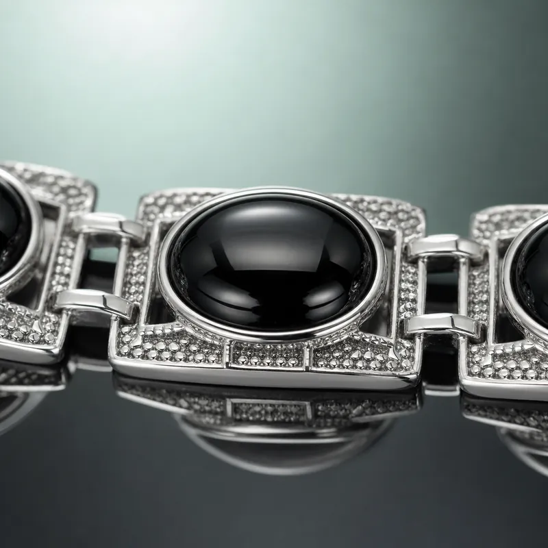 Black onyx oval-cabochon silver link bracelet - view 4 - 925 Sterling Silver
