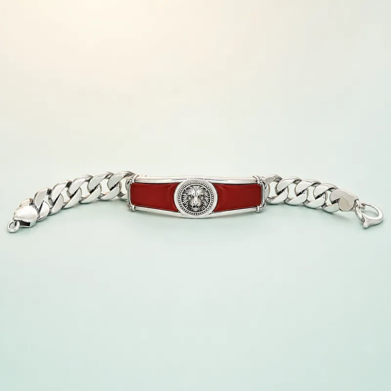 Lion-head red-carnelian curb-chain ID bracelet - 925 Sterling Silver on seaglass background