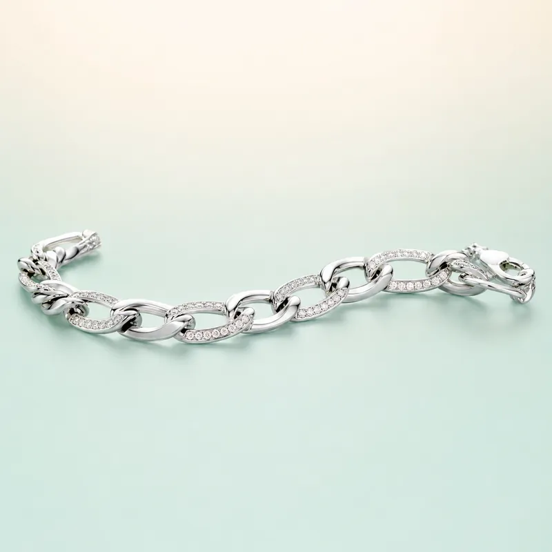 Figaro-link white-CZ pavé bracelet - 925 Sterling Silver on seaglass background