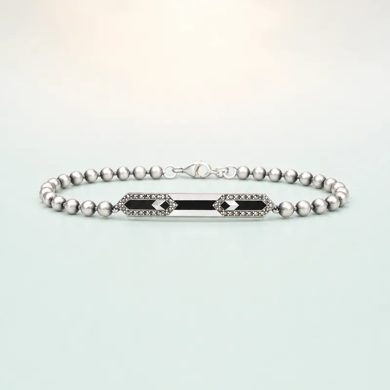 Silver bead-chain bracelet with black hexagonal marcasite plate - 925 Sterling Silver on seaglass background