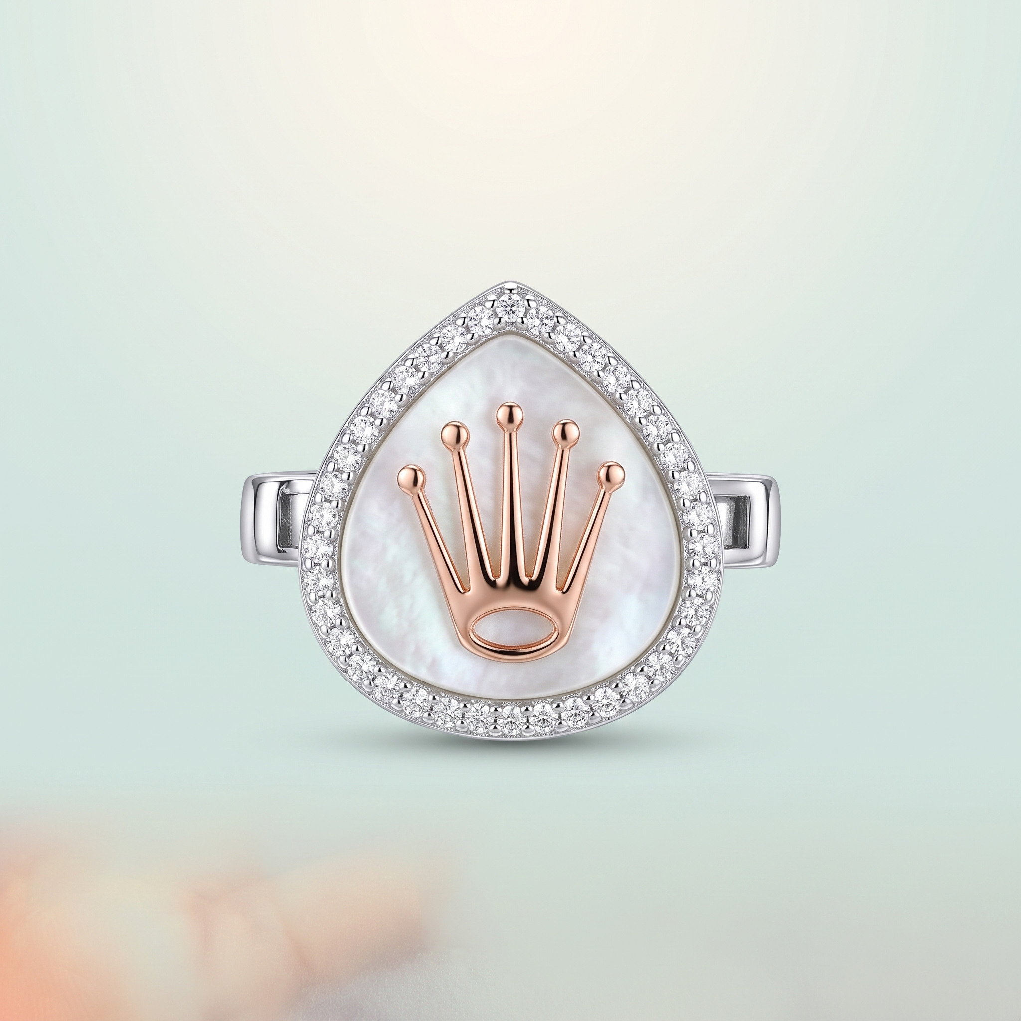 Pear Mother-of-Pearl Crown Button Cover (925 silver · rose-gold crown · CZ halo) - 925 Sterling Silver on seaglass background