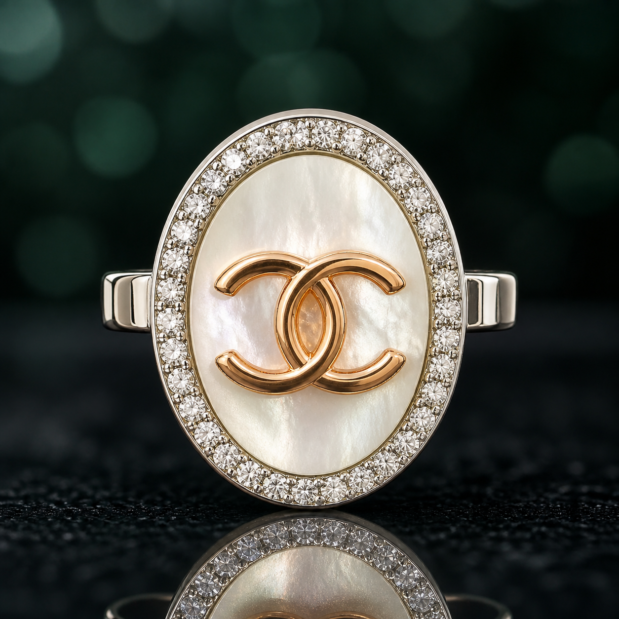 Oval Mother-of-Pearl Monogram Button Cover (925 silver · rose-gold interlocking-CC · CZ halo) - view 4 - 925 Sterling Silver