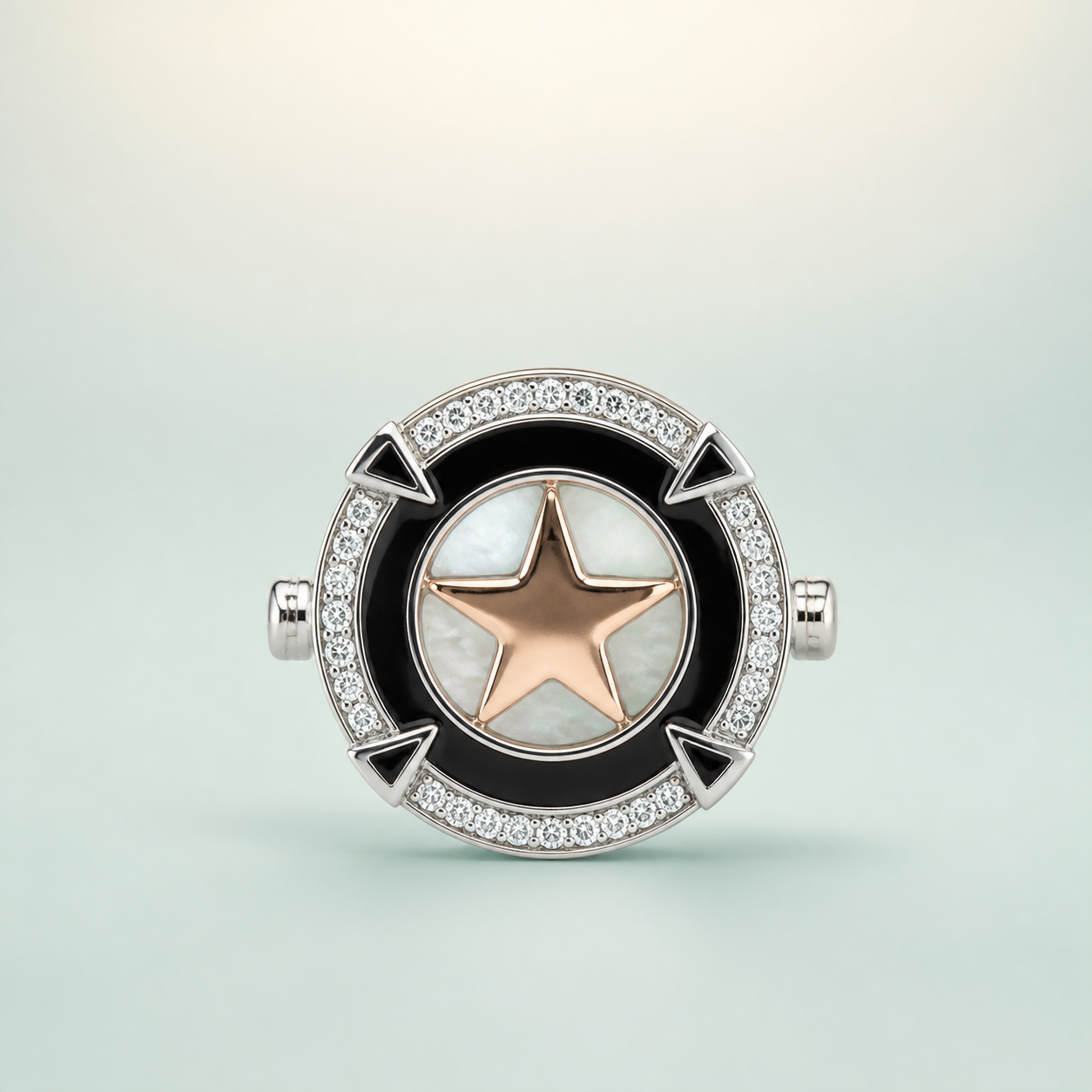 Round Black-Enamel Compass-Star Button Cover (925 silver · black enamel · rose-gold star · MOP disc · CZ band) - 925 Sterling Silver on seaglass background