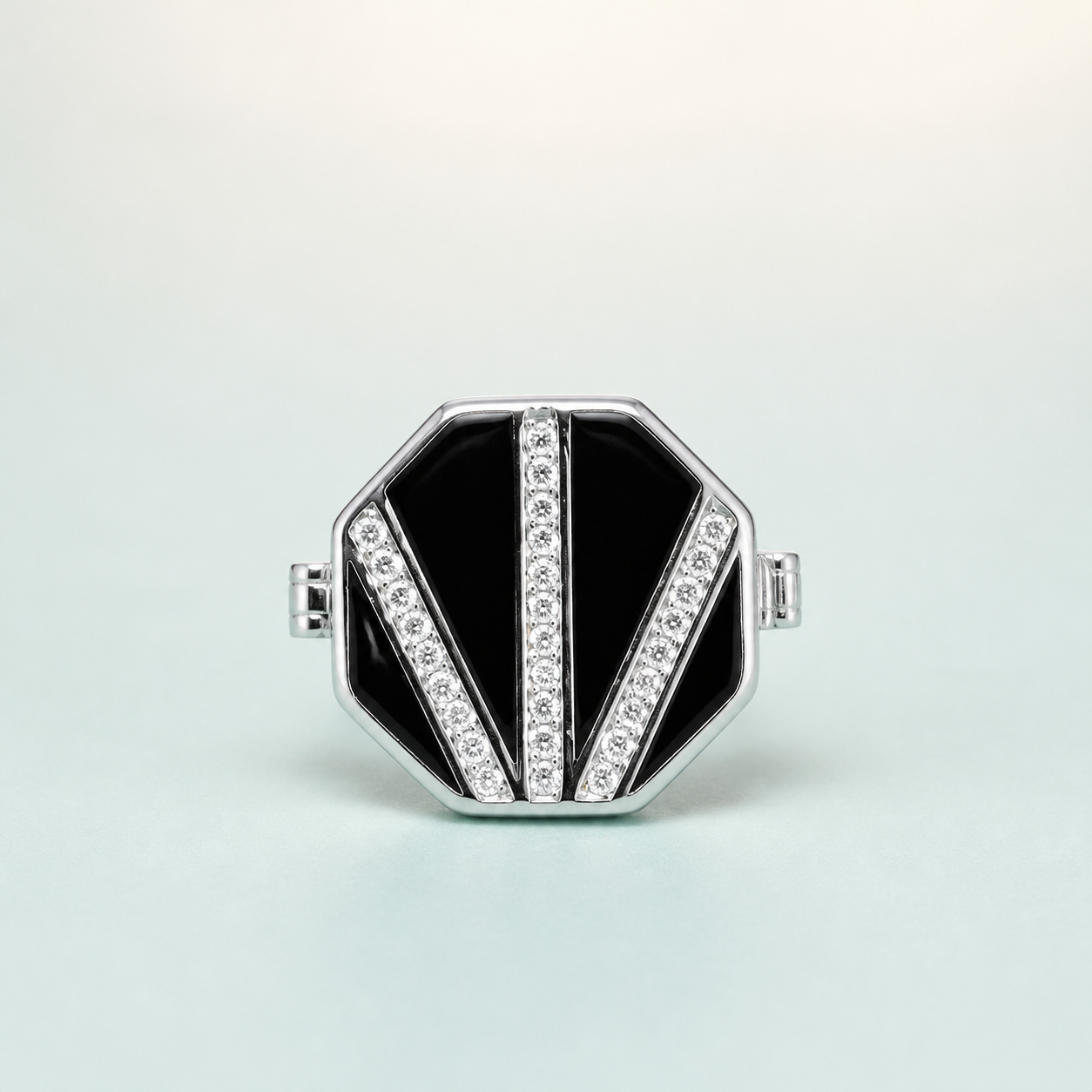 Octagonal Art-Deco Fan Button Cover (925 silver · black enamel · CZ-pavé fan rays) - 925 Sterling Silver on seaglass background