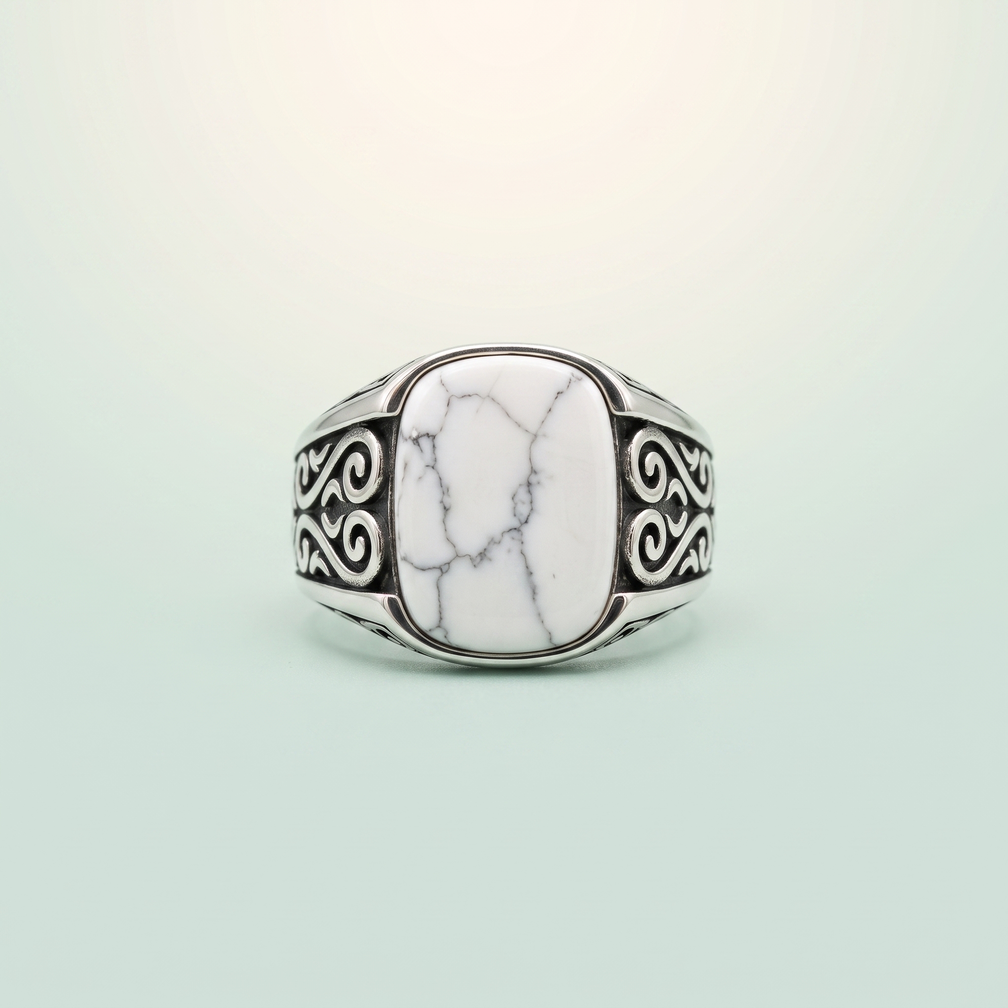 White Howlite Oval Cabochon Silver Ring - 925 Sterling Silver on seaglass background
