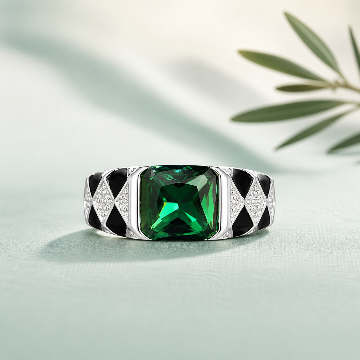 Emerald Green Cushion-Cut Harlequin Enamel Ring ★ BEST-SELLER - 925 Sterling Silver on seaglass background
