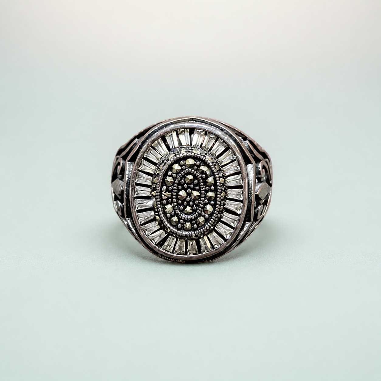 Marcasite Sunburst Dome Ring - front - 925 Sterling Silver