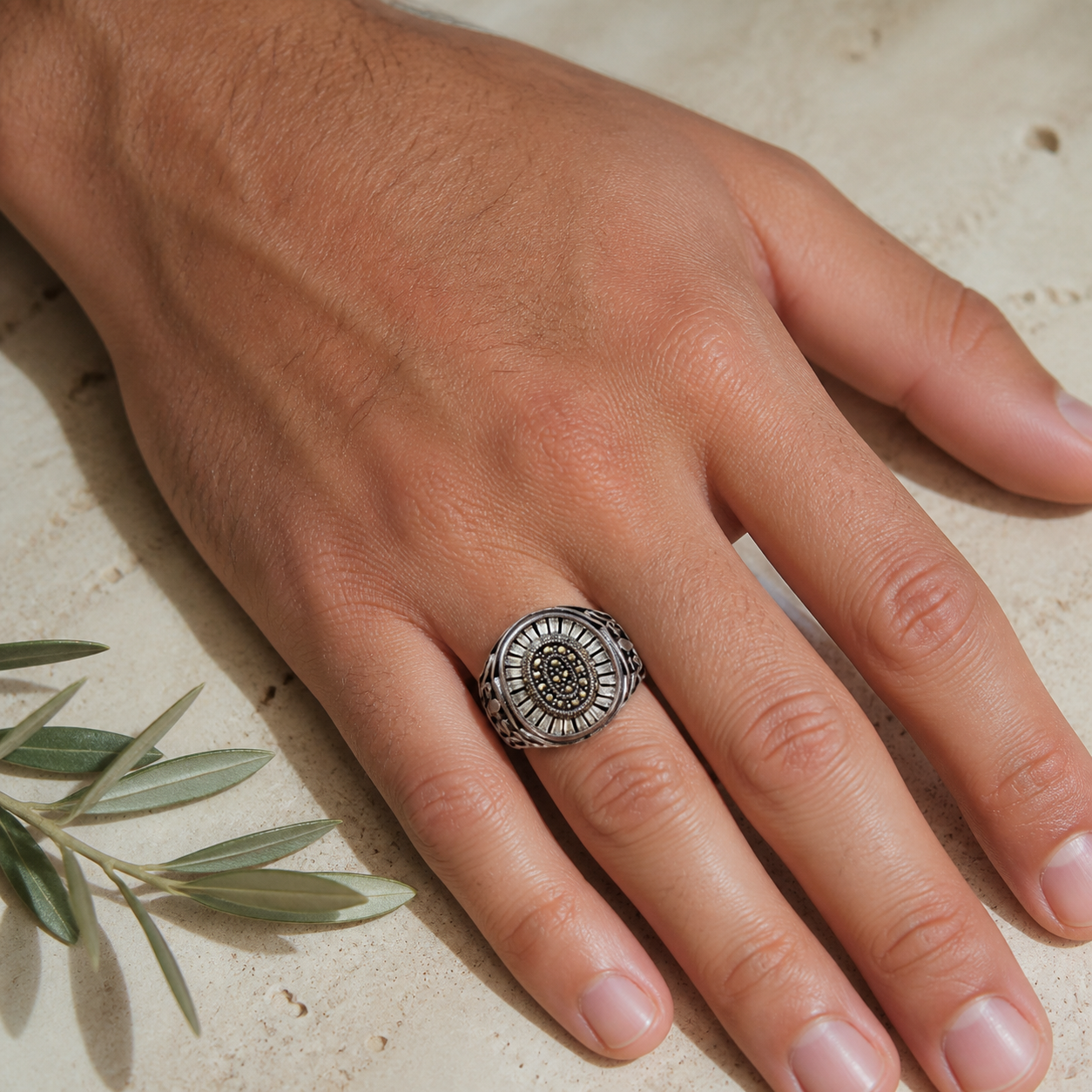 Marcasite Sunburst Dome Ring - detail - 925 Sterling Silver
