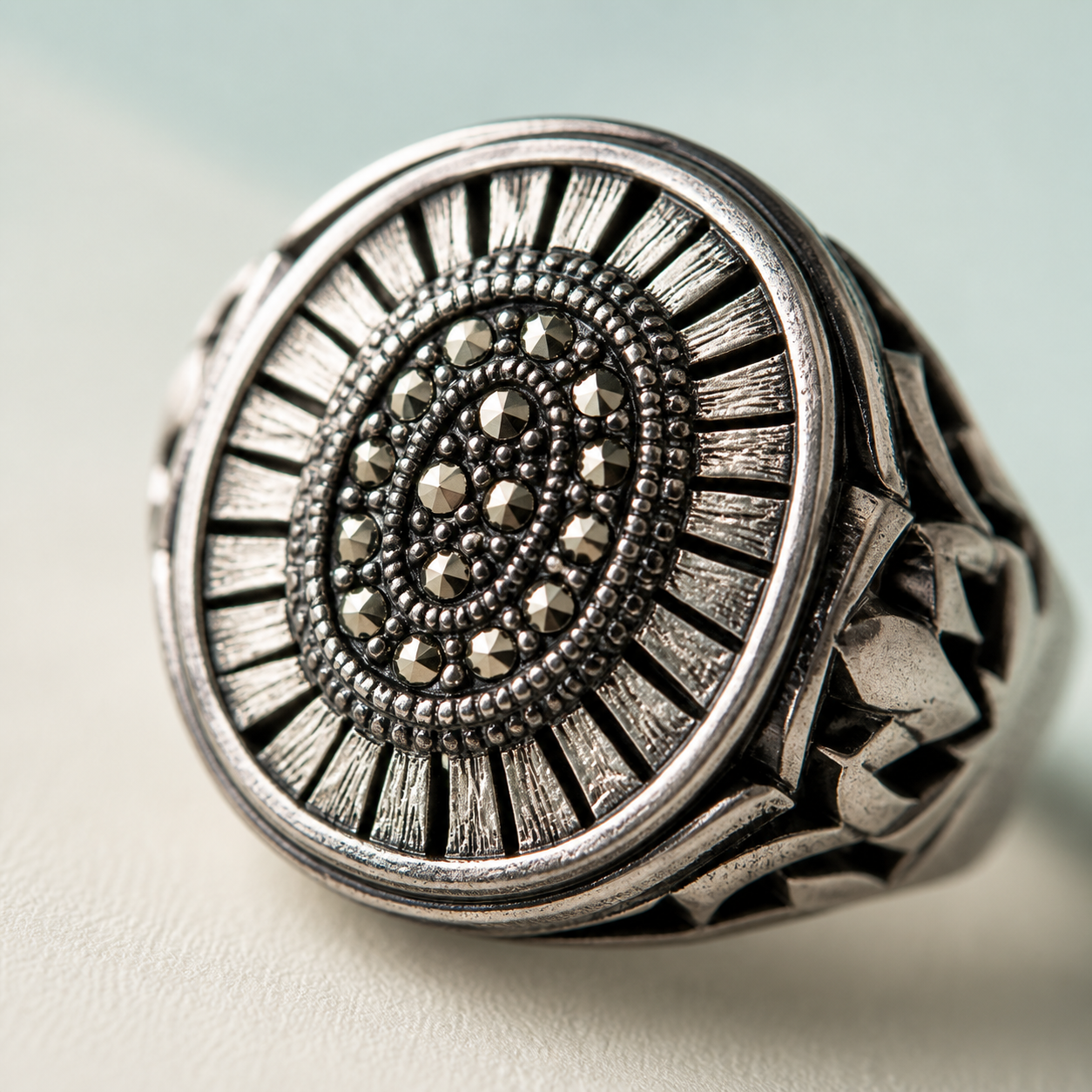 Marcasite Sunburst Dome Ring - view 4 - 925 Sterling Silver