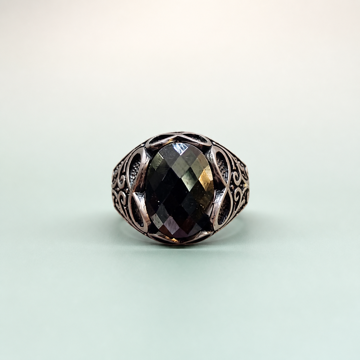 Smoky Faceted Stone Filigree Scroll Ring - 925 Sterling Silver on seaglass background