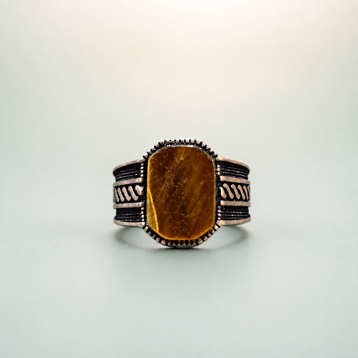 Tiger's Eye Cabochon Filigree Scroll Ring (KEEP warm golden-brown stone) - 925 Sterling Silver on seaglass background