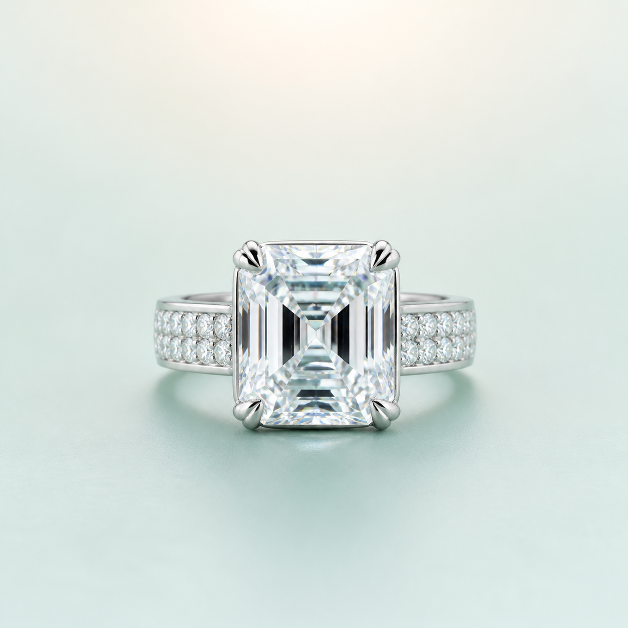 Radiant-Cut Solitaire Pavé-Shoulder Men's Ring (bright rhodium silver · clear-white CZ) - front - 925 Sterling Silver