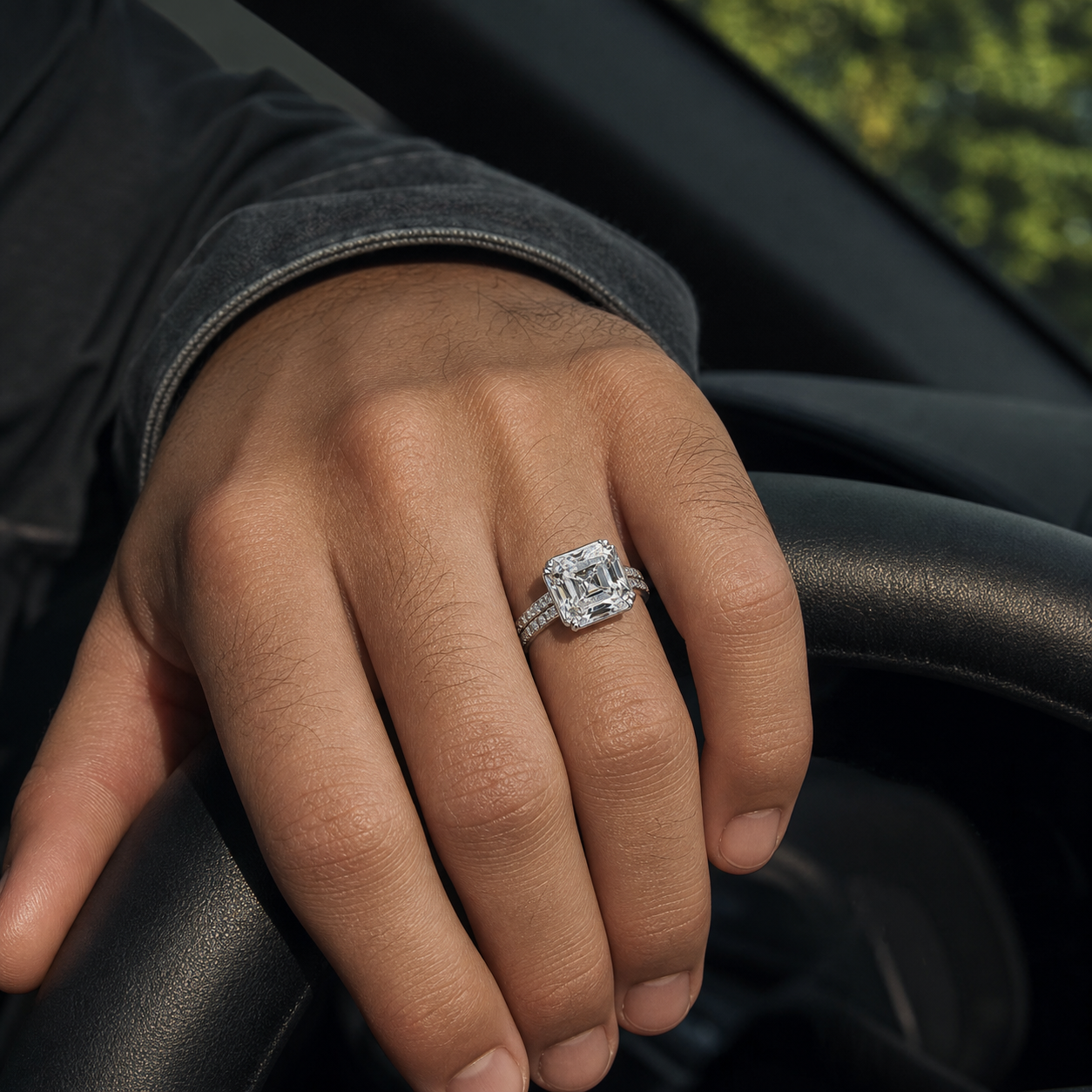 Radiant-Cut Solitaire Pavé-Shoulder Men's Ring (bright rhodium silver · clear-white CZ) - detail - 925 Sterling Silver