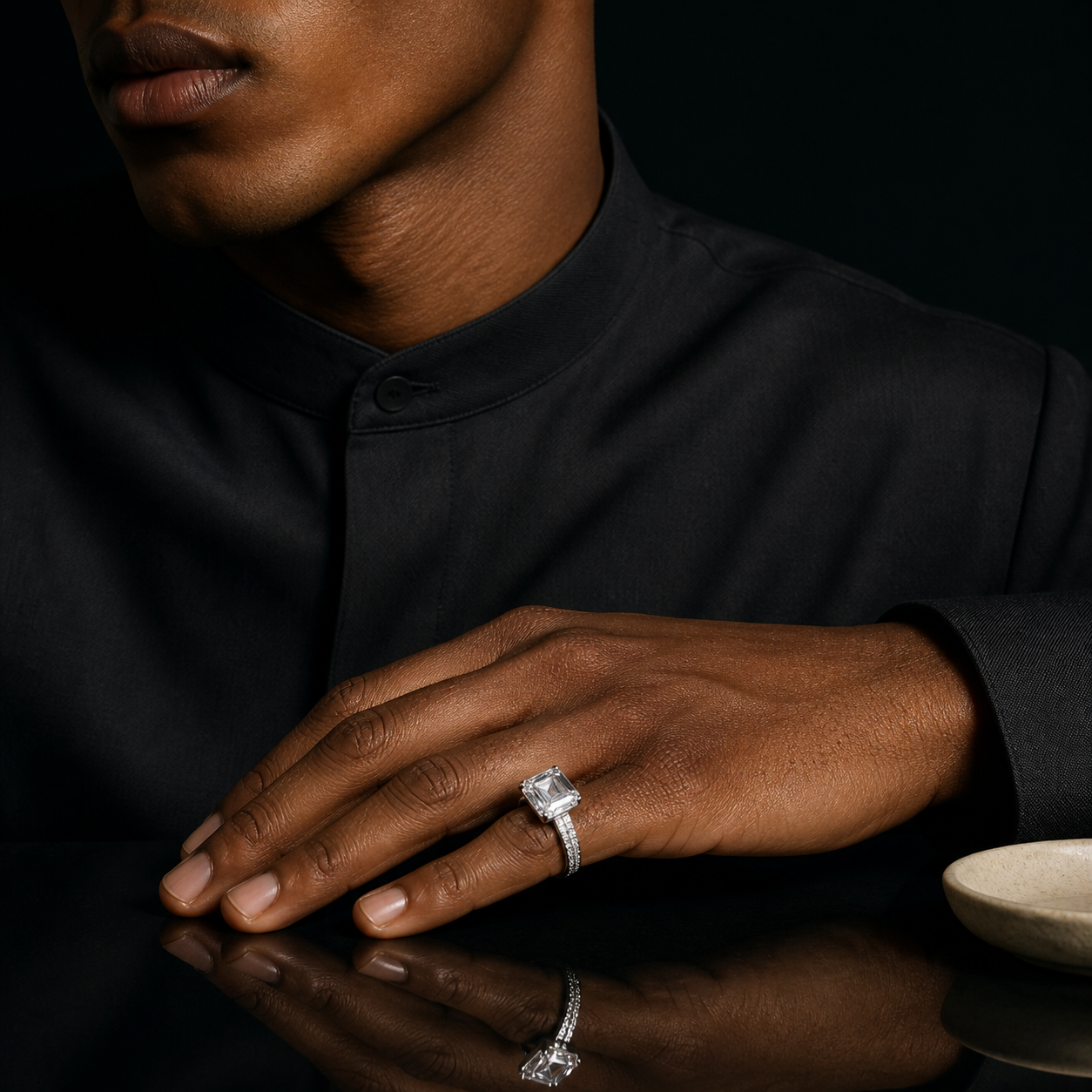 Radiant-Cut Solitaire Pavé-Shoulder Men's Ring (bright rhodium silver · clear-white CZ) - alternate view - 925 Sterling Silver