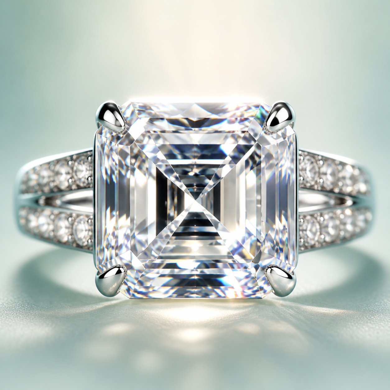 Radiant-Cut Solitaire Pavé-Shoulder Men's Ring (bright rhodium silver · clear-white CZ) - view 4 - 925 Sterling Silver