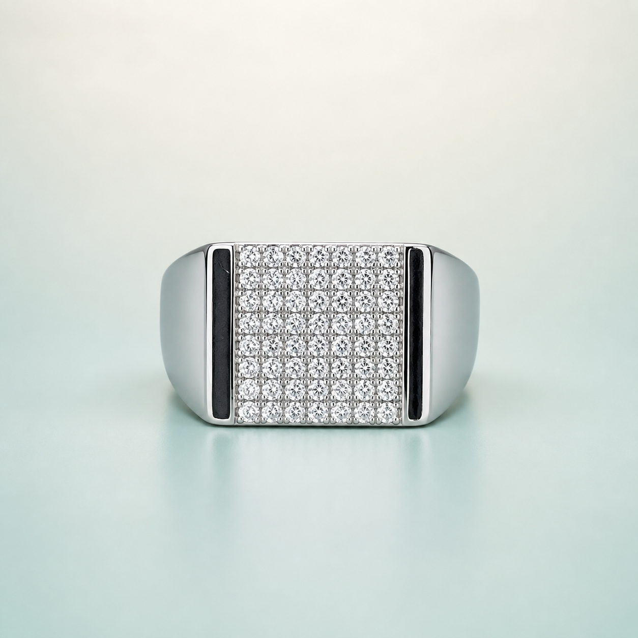 Rectangular Pavé-Signet Ring with Dark Oxidised Border (bright rhodium silver · clear-white CZ · dark oxidised channel) - 925 Sterling Silver on seaglass background
