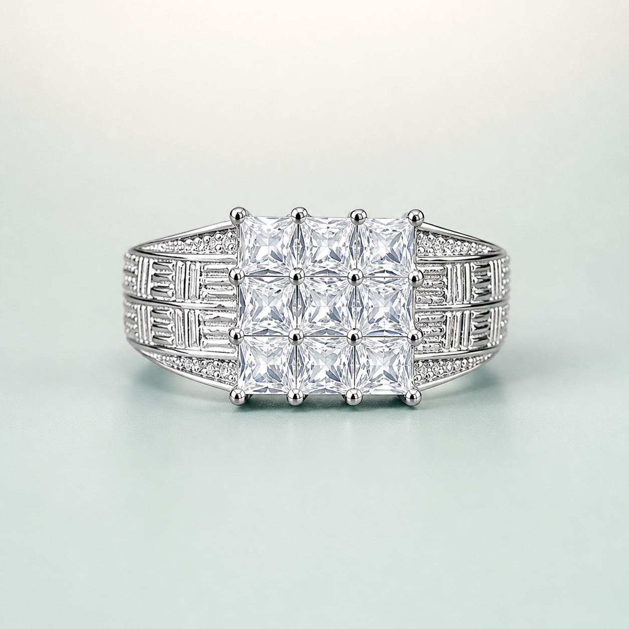 Nine-Stone Princess-Cut Grid Ring with Stepped Shoulders (bright rhodium silver · clear-white CZ) - front - 925 Sterling Silver
