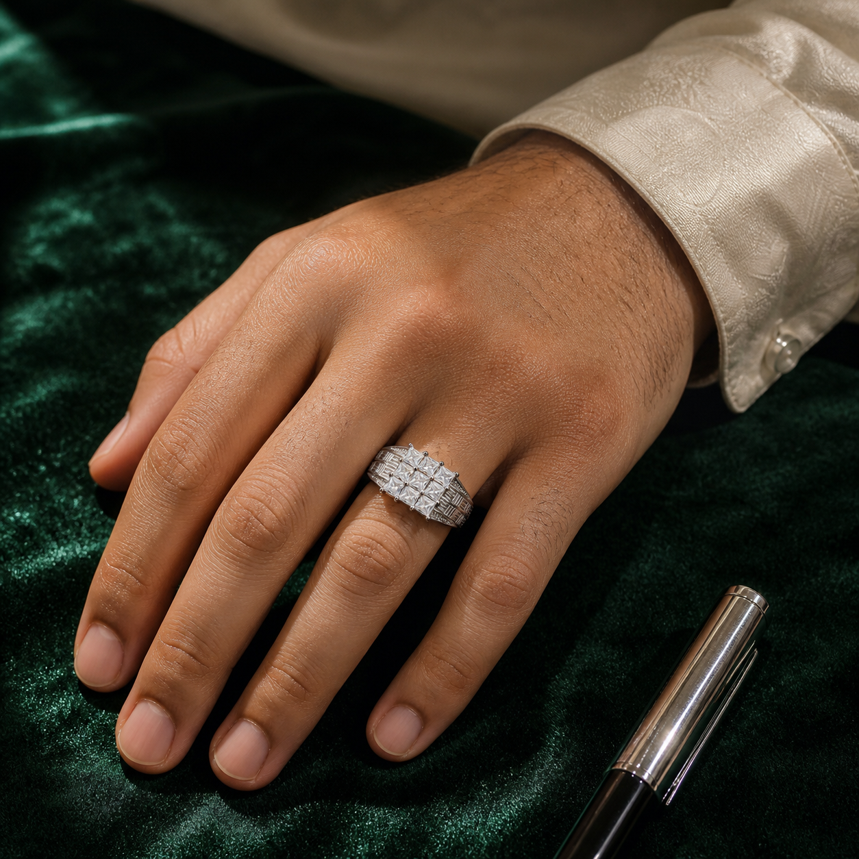 Nine-Stone Princess-Cut Grid Ring with Stepped Shoulders (bright rhodium silver · clear-white CZ) - detail - 925 Sterling Silver