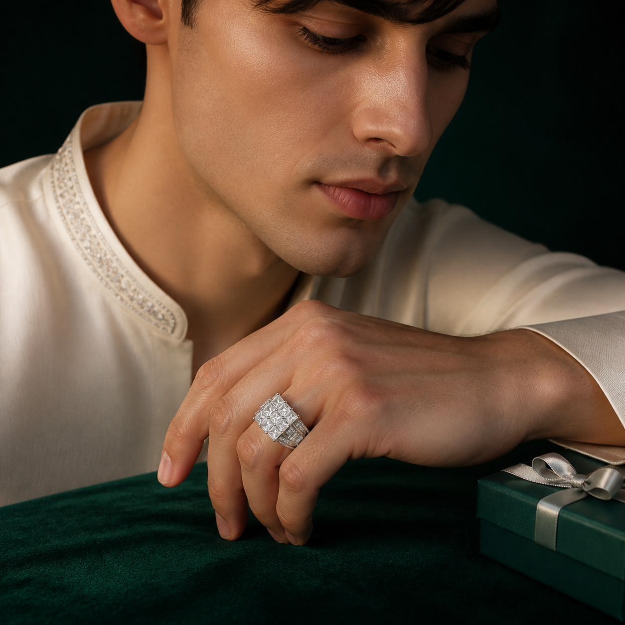 Nine-Stone Princess-Cut Grid Ring with Stepped Shoulders (bright rhodium silver · clear-white CZ) - alternate view - 925 Sterling Silver
