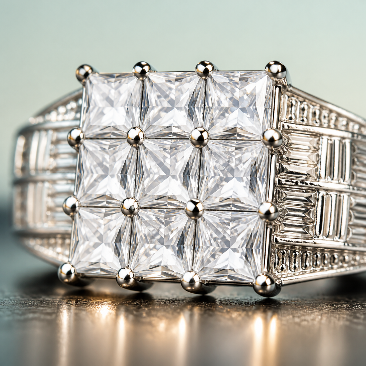 Nine-Stone Princess-Cut Grid Ring with Stepped Shoulders (bright rhodium silver · clear-white CZ) - view 4 - 925 Sterling Silver