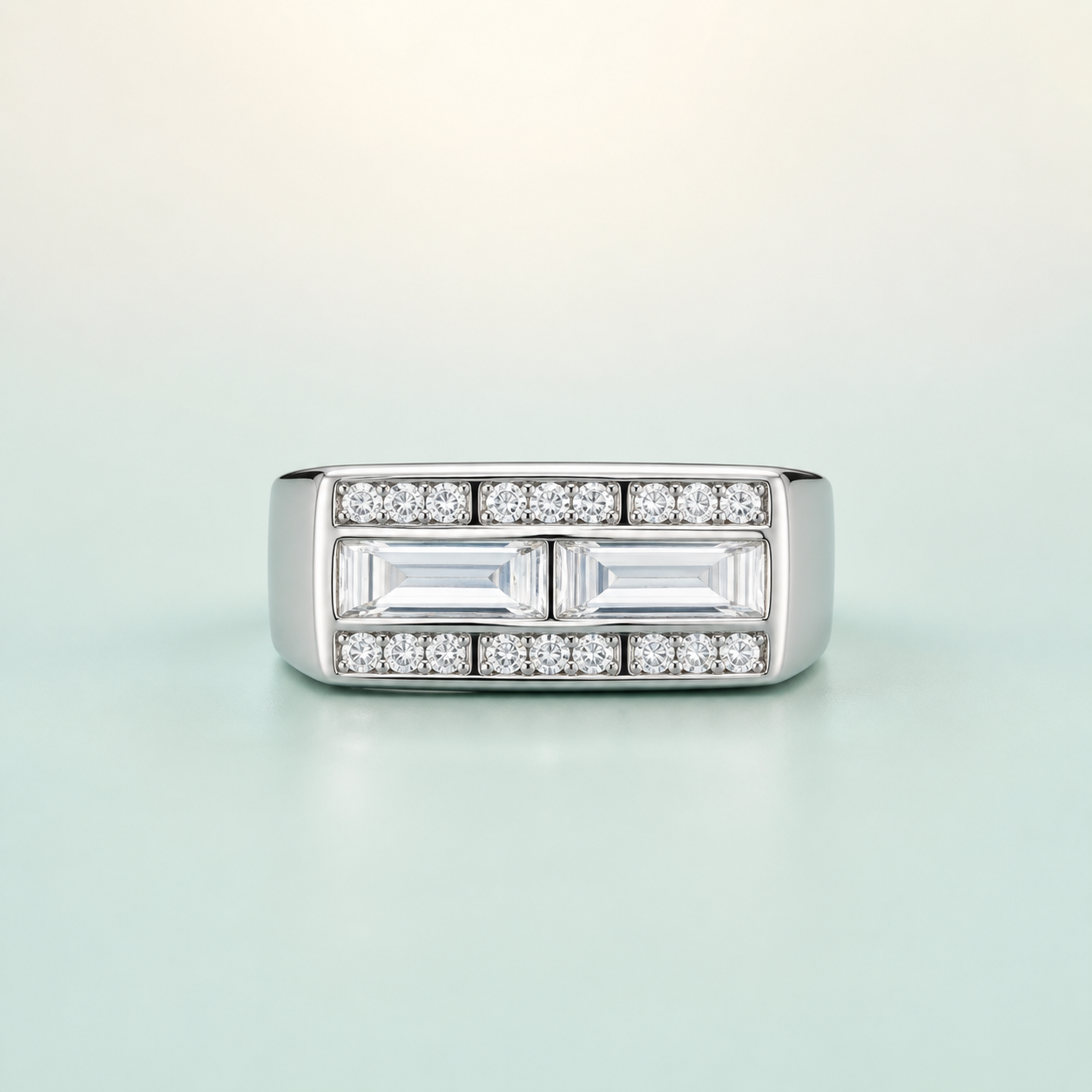 Art-Deco Baguette-Channel Men's Ring (bright rhodium silver · clear-white CZ) - 925 Sterling Silver on seaglass background