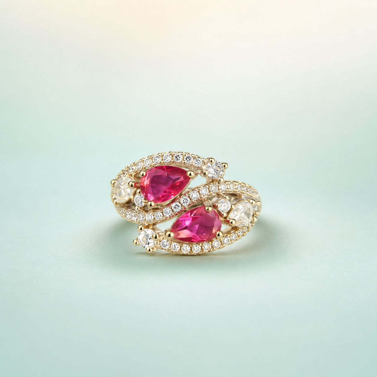 Ruby-Pink Toi-et-Moi Bypass Ring (gold-polished 925 silver · KEEP gold finish + ruby-pink stones) - 925 Sterling Silver on seaglass background