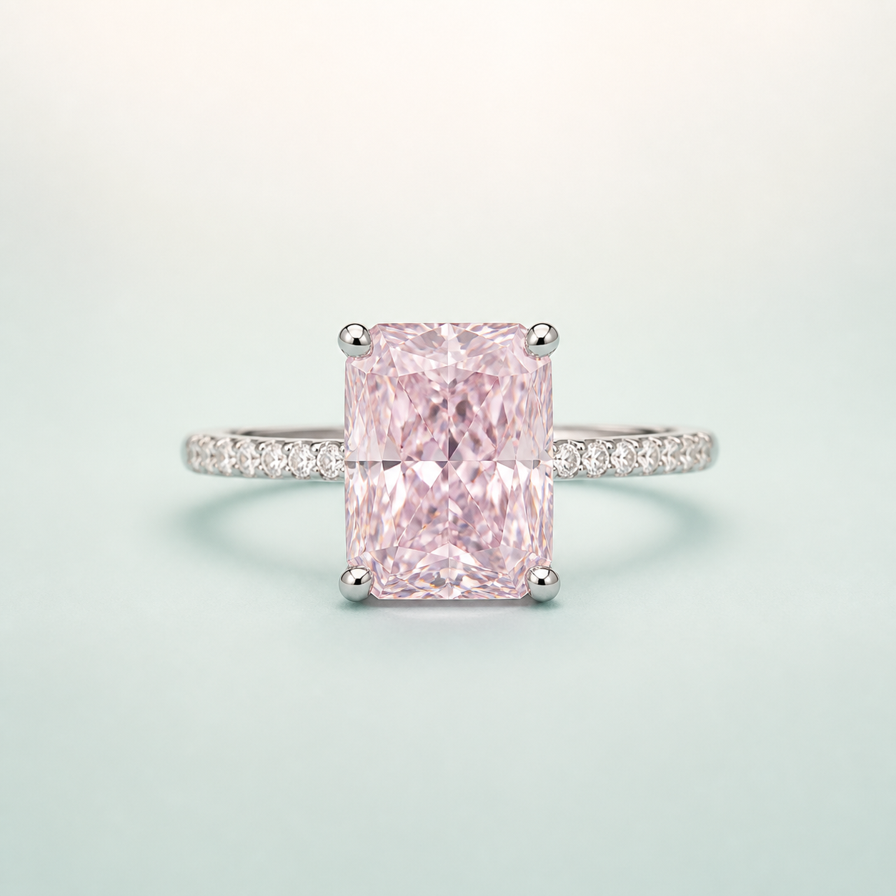 Pink Radiant-Cut Solitaire Ring (bright rhodium silver · KEEP light pink stone) - 925 Sterling Silver on seaglass background