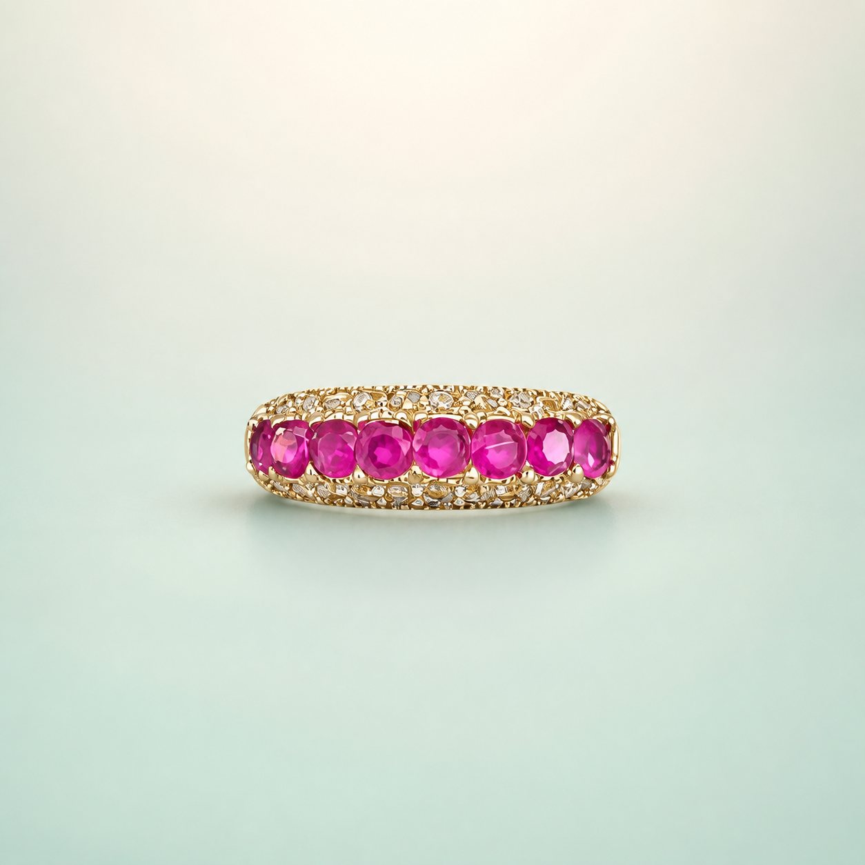 Ruby-Pink Seven-Stone Row Ring (gold-polished 925 silver · KEEP gold finish + ruby-pink stones) - front - 925 Sterling Silver