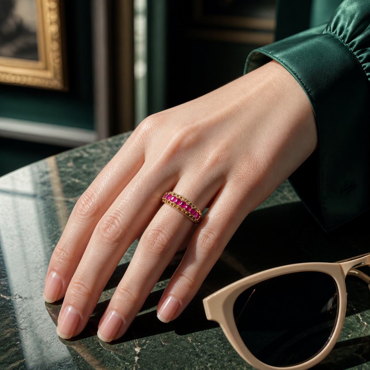Ruby-Pink Seven-Stone Row Ring (gold-polished 925 silver · KEEP gold finish + ruby-pink stones) - detail - 925 Sterling Silver
