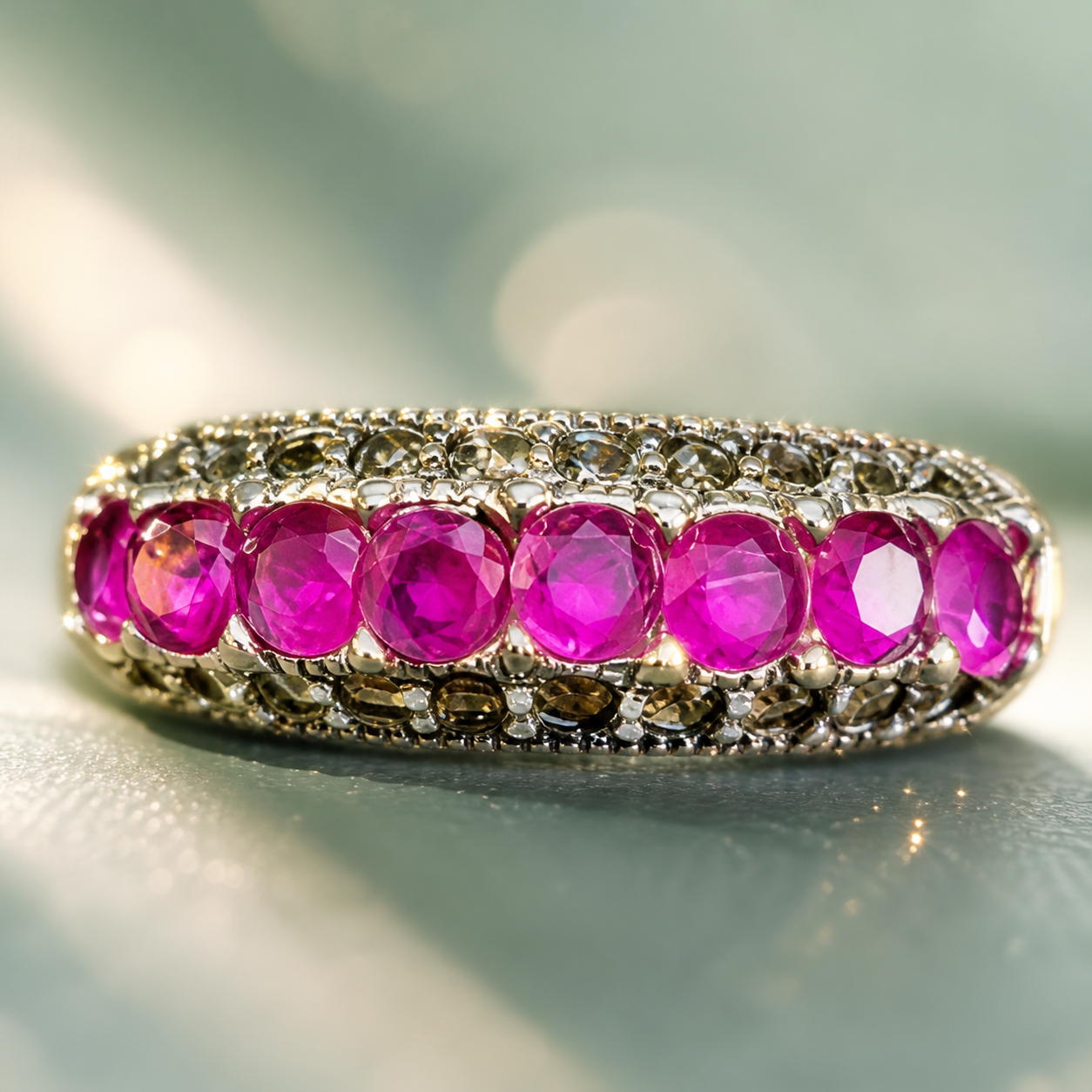 Ruby-Pink Seven-Stone Row Ring (gold-polished 925 silver · KEEP gold finish + ruby-pink stones) - view 4 - 925 Sterling Silver