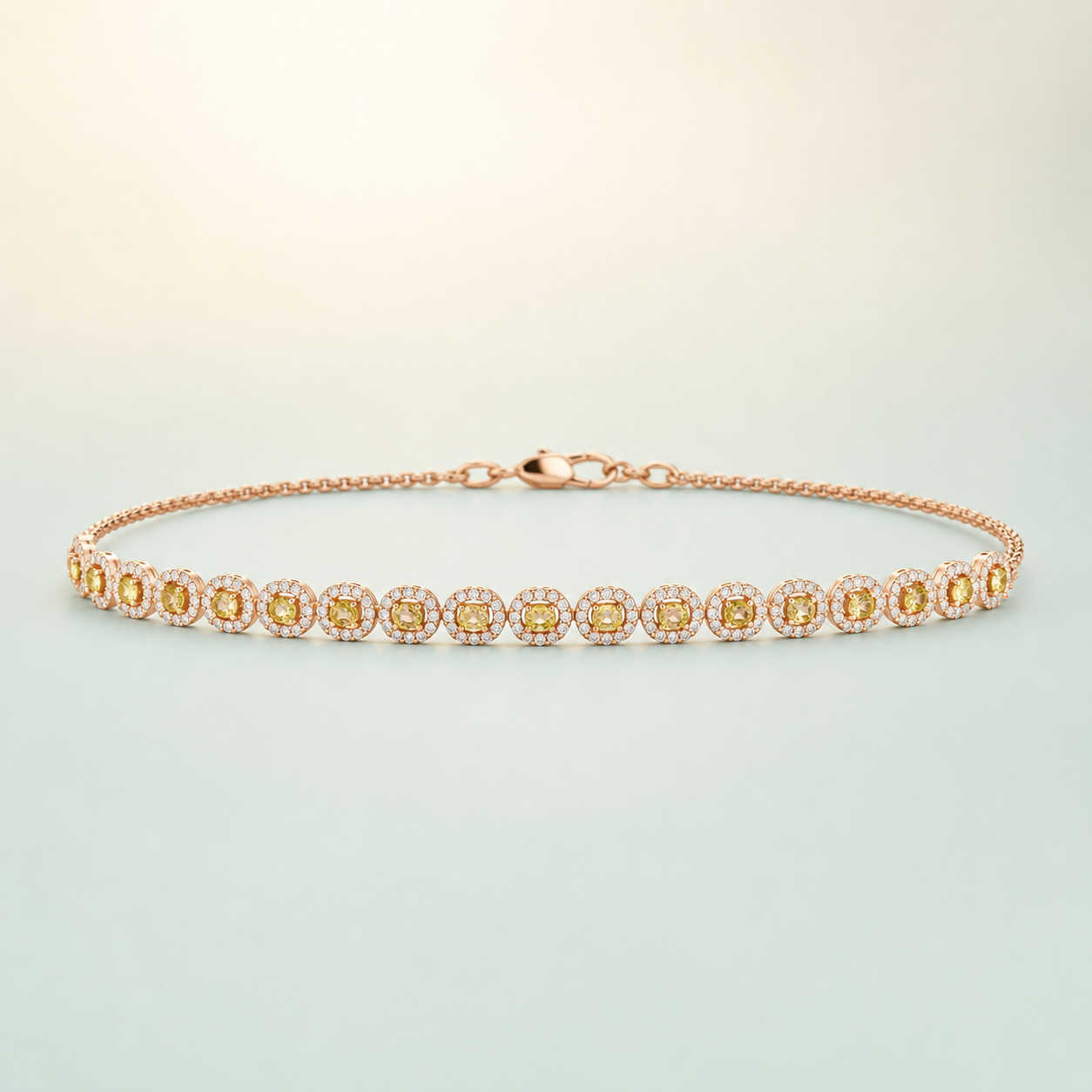 Rose-Gold Halo Station Bracelet with Champagne CZ (KEEP rose-gold + champagne stones) - front - 925 Sterling Silver
