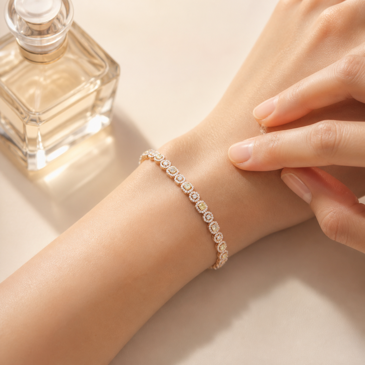 Rose-Gold Halo Station Bracelet with Champagne CZ (KEEP rose-gold + champagne stones) - detail - 925 Sterling Silver