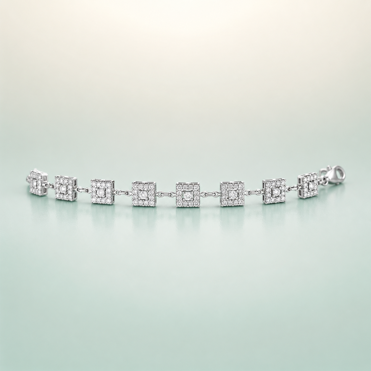 Square-Link Pavé-CZ Tennis Bracelet (bright polished silver · clear CZ) - 925 Sterling Silver on seaglass background