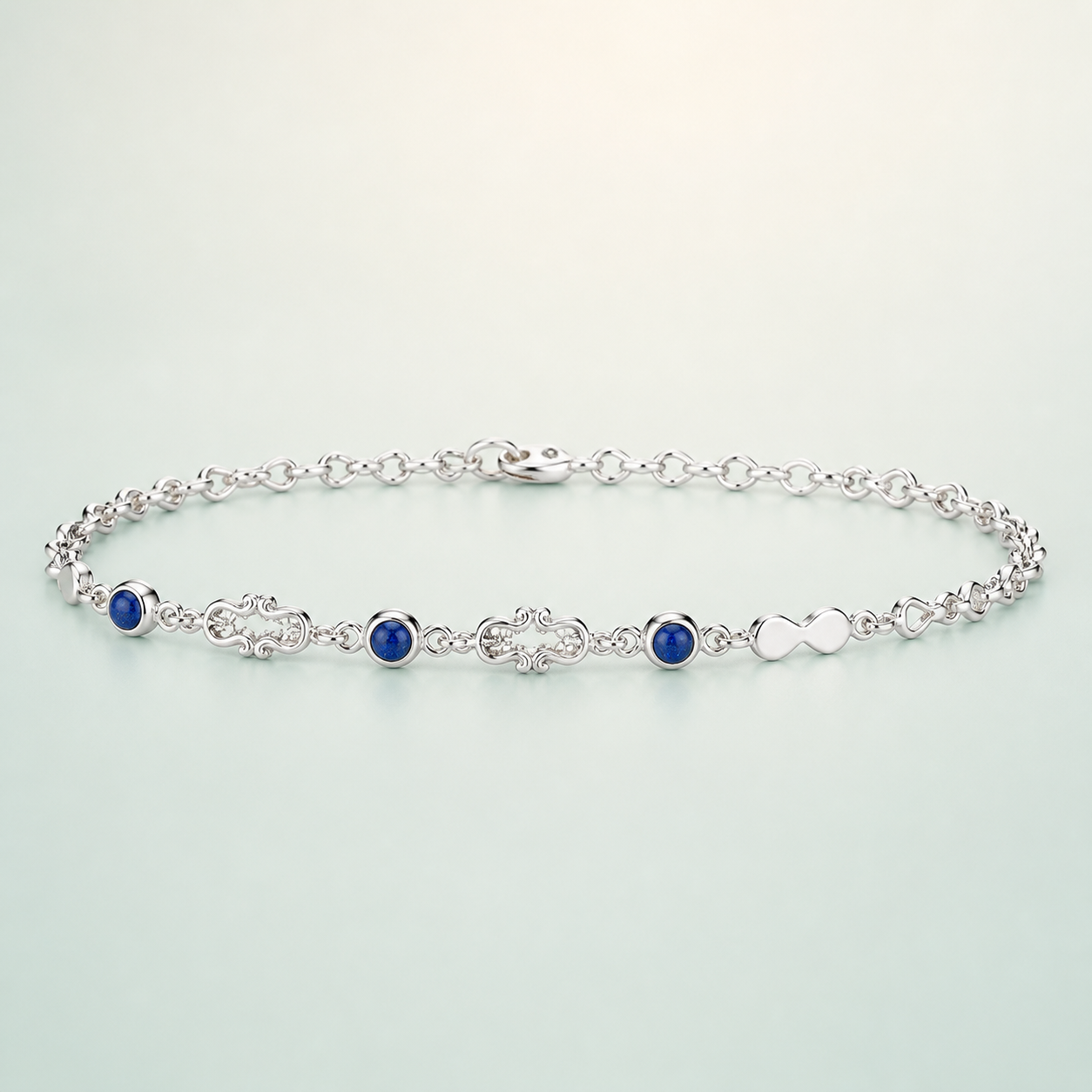 Art-Deco Openwork Filigree Link Bracelet (bright polished silver · no stones) - front - 925 Sterling Silver