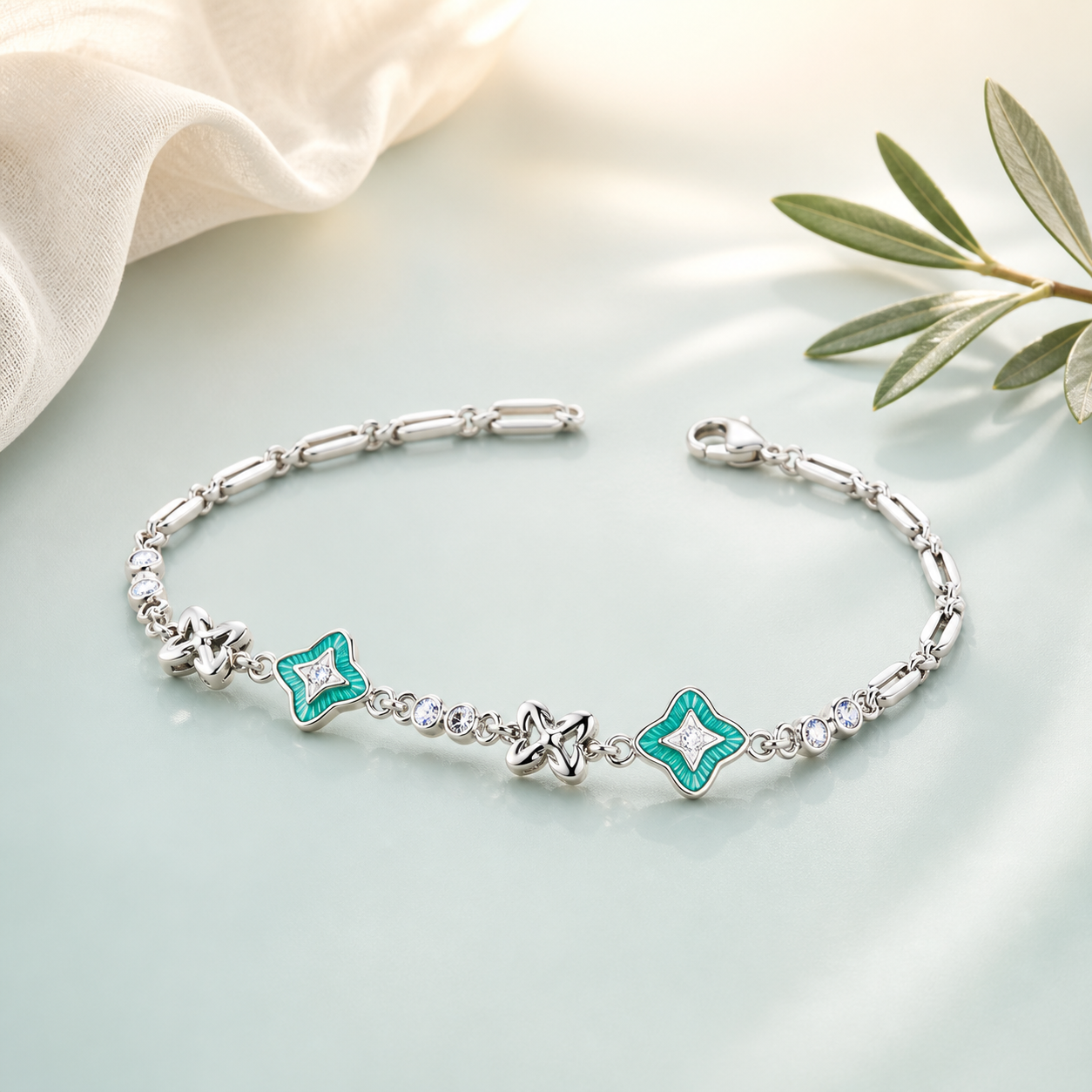 Turquoise Enamel Quatrefoil Station Bracelet ★ BEST-SELLER (bright polished silver · turquoise enamel + clear CZ) - 925 Sterling Silver on seaglass background