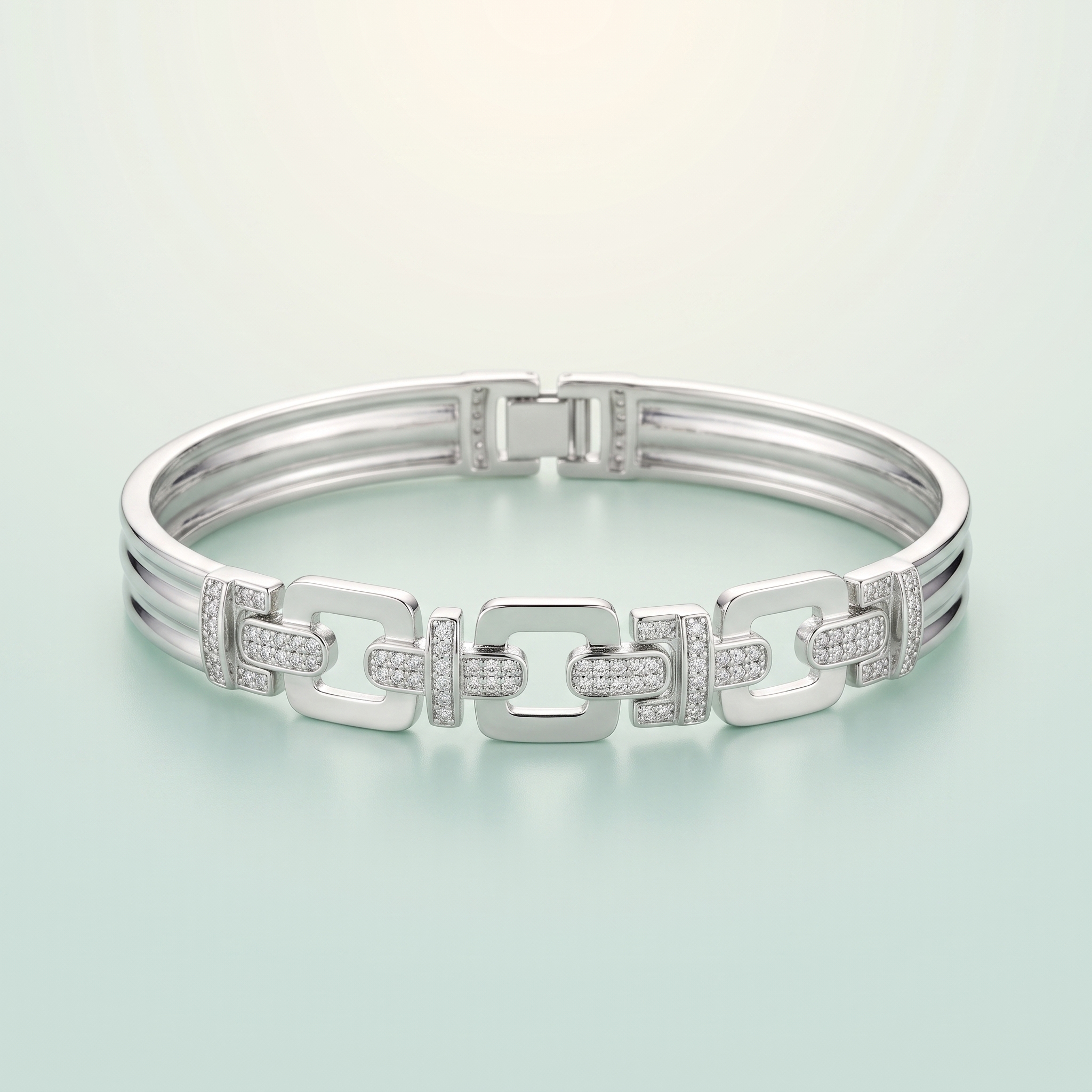 CZ Geometric Link & Ribbed Band Bracelet (bright polished silver · CZ) - front - 925 Sterling Silver