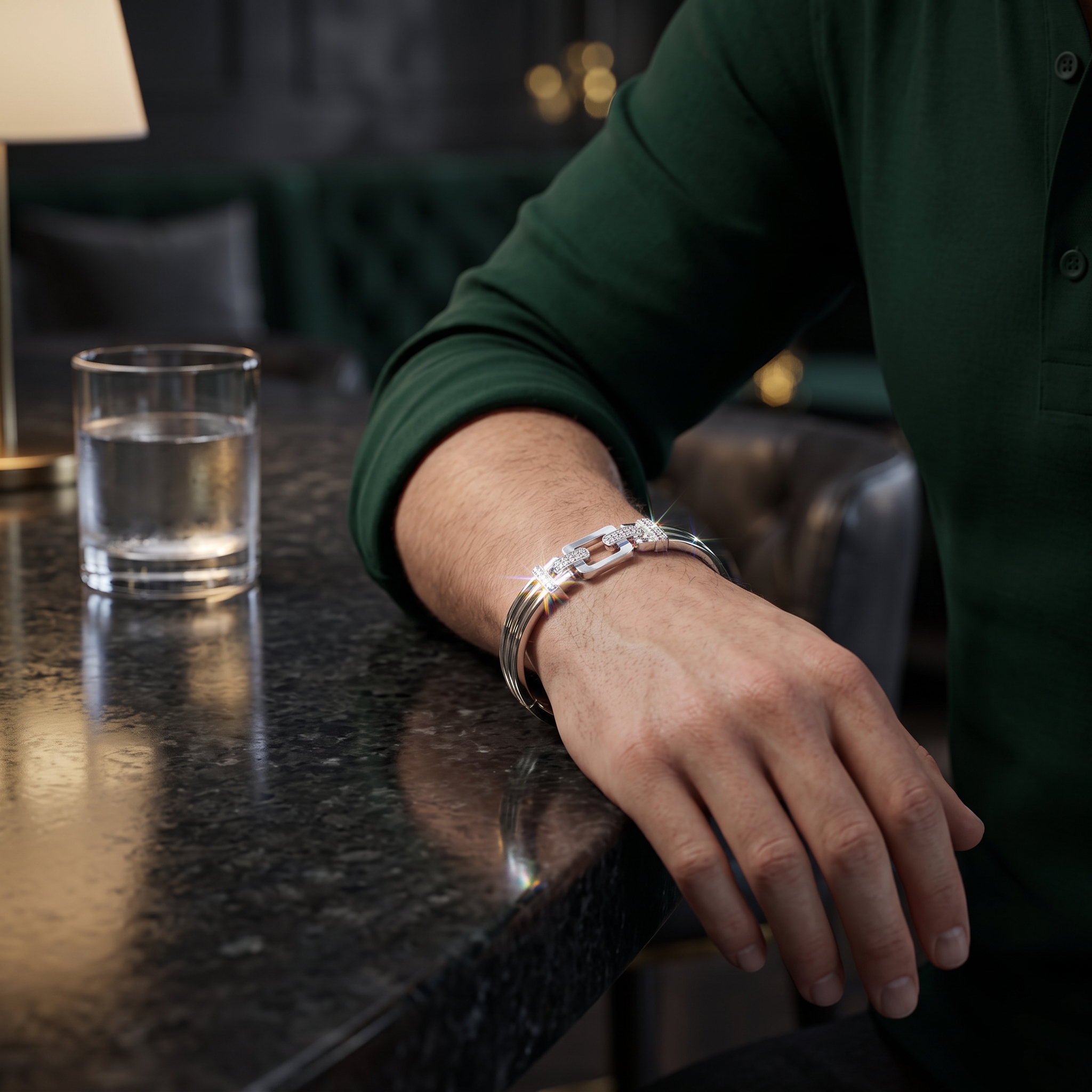CZ Geometric Link & Ribbed Band Bracelet (bright polished silver · CZ) - detail - 925 Sterling Silver