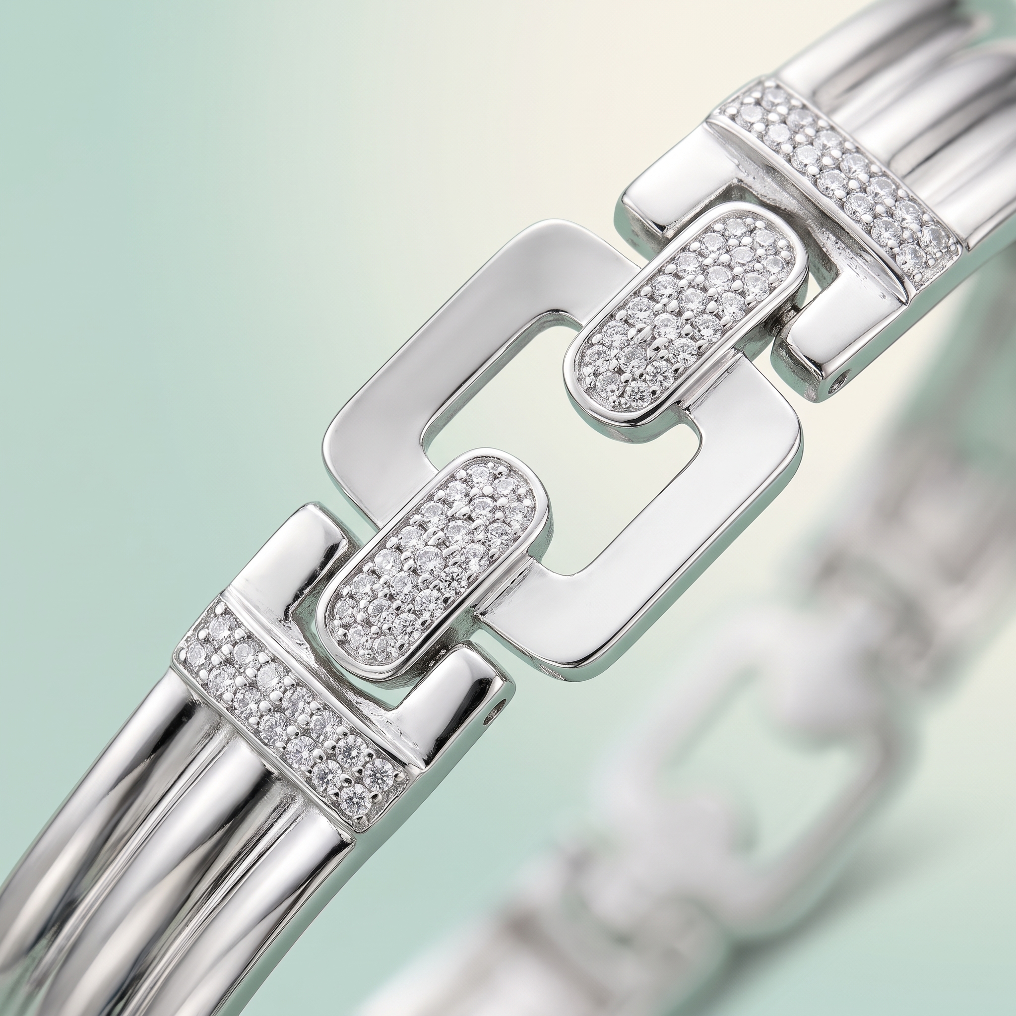 CZ Geometric Link & Ribbed Band Bracelet (bright polished silver · CZ) - view 4 - 925 Sterling Silver