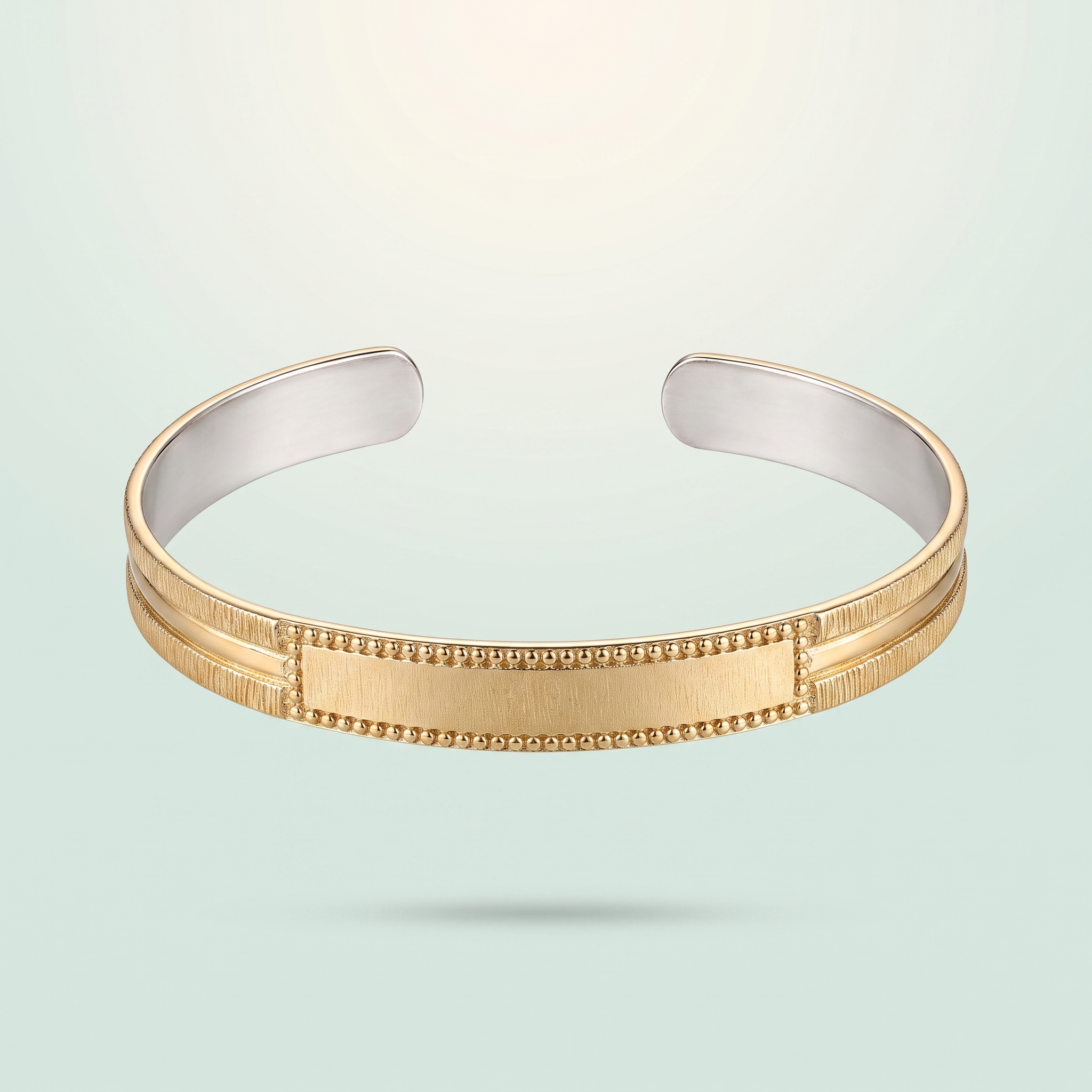 Gold-Polished Beaded-Border Open Kada (KEEP gold micro-polish over 925 silver) - 925 Sterling Silver on seaglass background