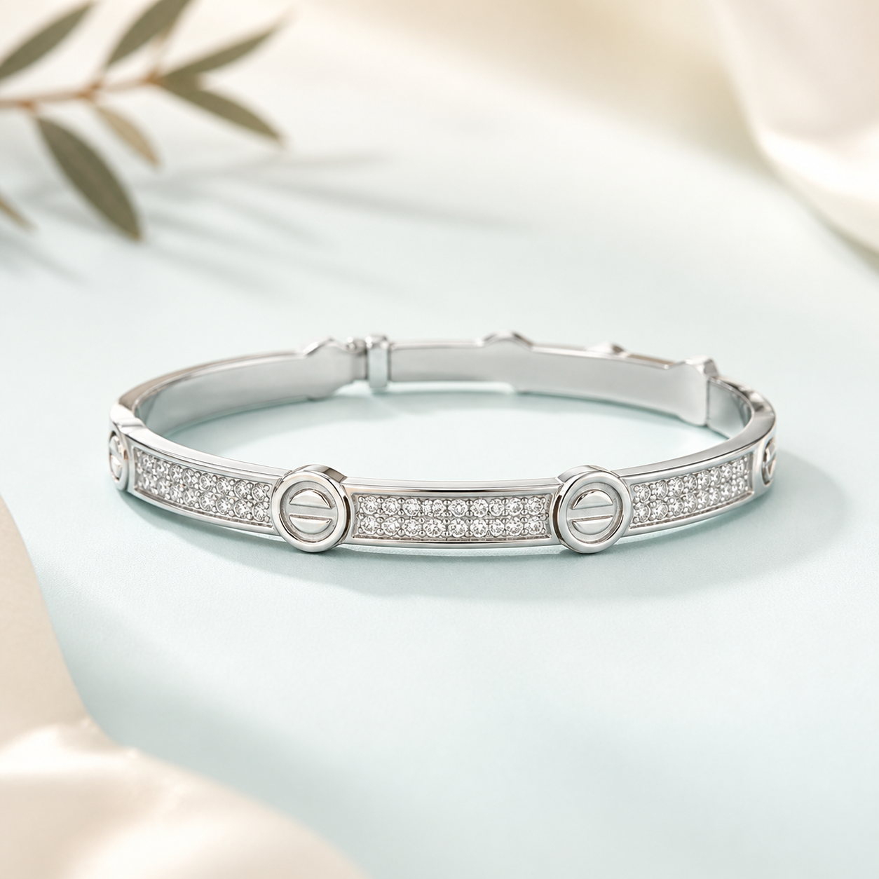 CZ-Pavé Screw-Motif Hinged Bangle ★ BEST-SELLER (bright polished silver · CZ) - 925 Sterling Silver on seaglass background