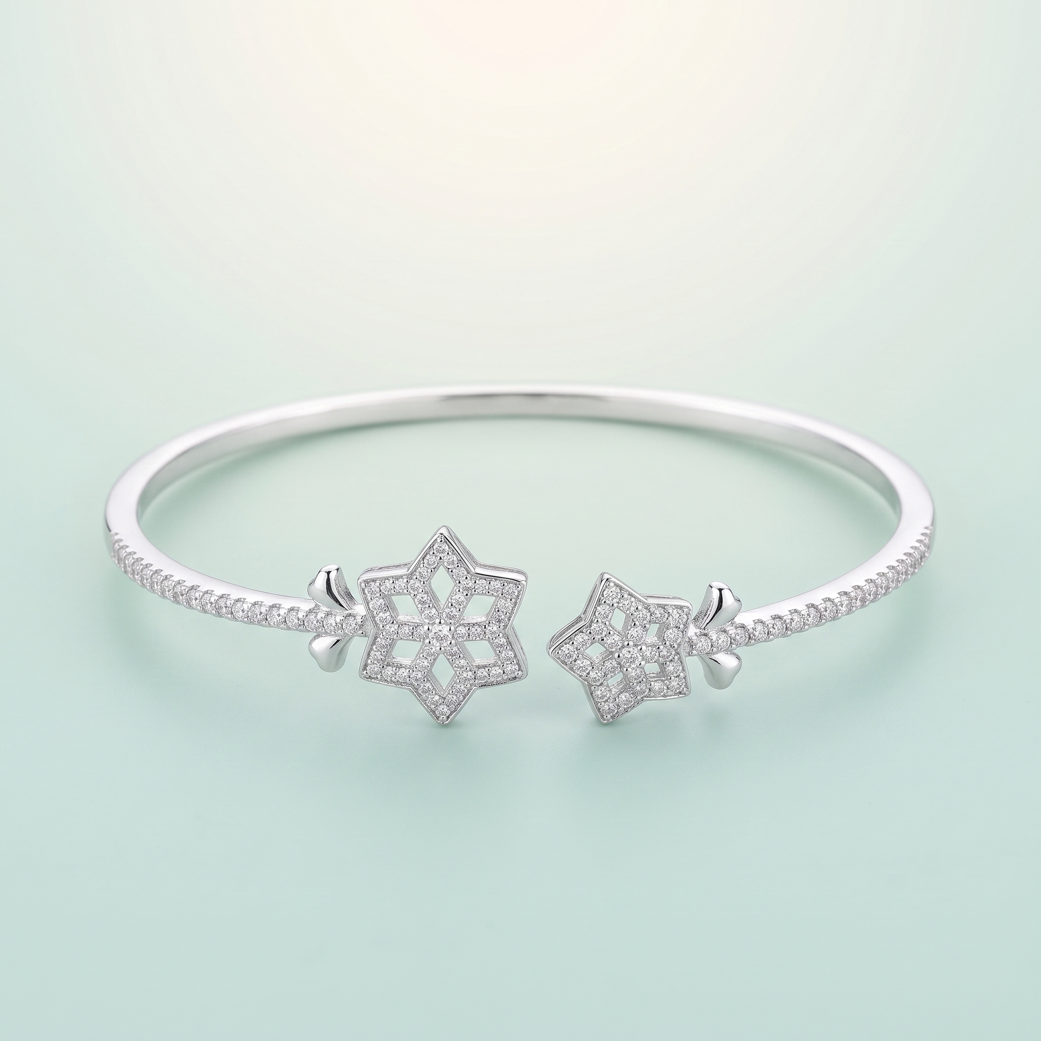 Twin Star-Flower CZ Open Cuff Kada (bright rhodium silver) - 925 Sterling Silver on seaglass background