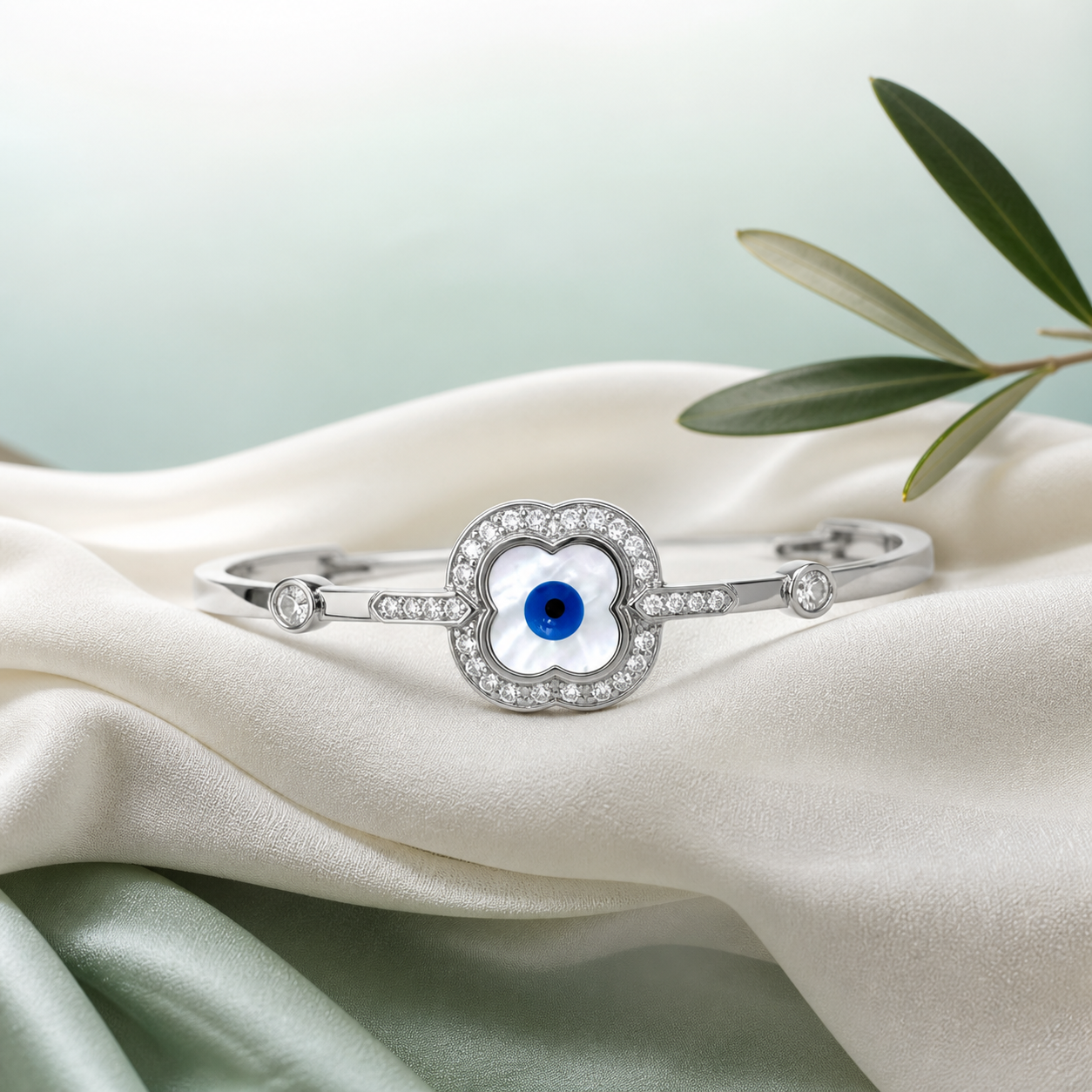 Evil Eye Mother-of-Pearl Clover Hinged Kada ★ BEST-SELLER (bright silver + white MOP + blue evil eye + CZ) - 925 Sterling Silver on seaglass background