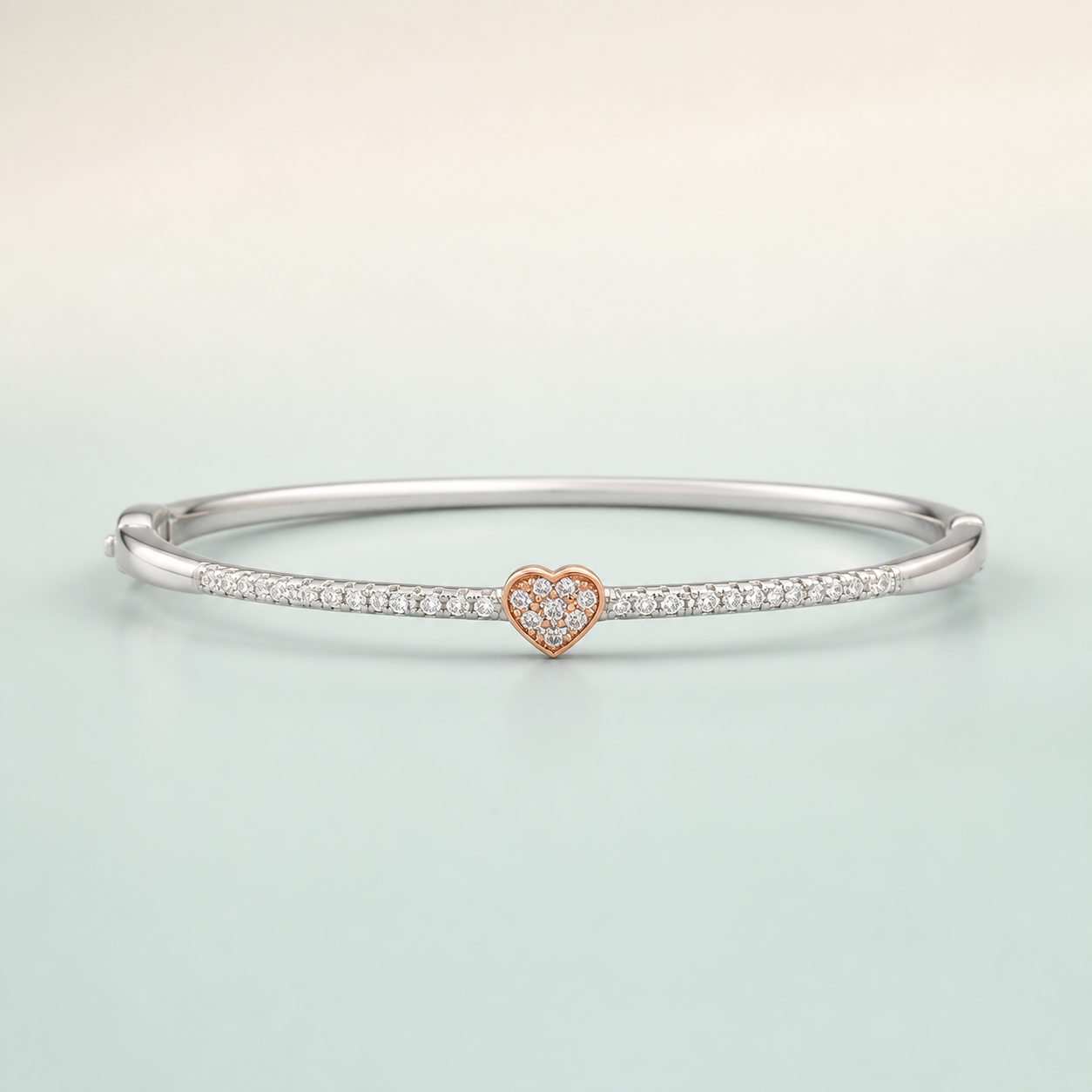 Rose-Gold Heart CZ Slim Hinged Bangle (two-tone silver + rose-gold · KEEP rose-gold) - 925 Sterling Silver on seaglass background